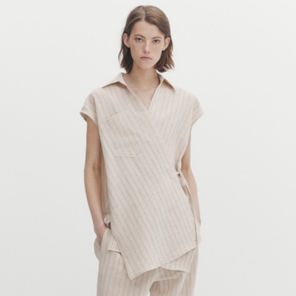 Massimo Dutti pinstripe wrap top linen cotton blouse natural fibers size small - Picture 3 of 17